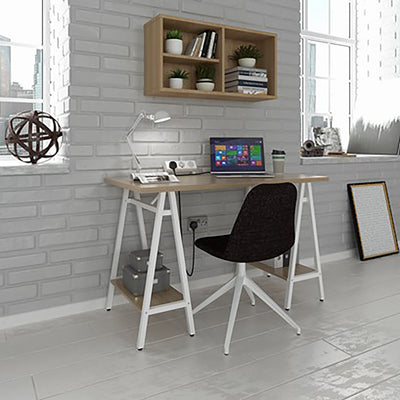 Pella Home Office Workstation | Oak Wood Home Office Desk | Home Office Furniture | Home Furnishings | Wooden Desk with White Frame